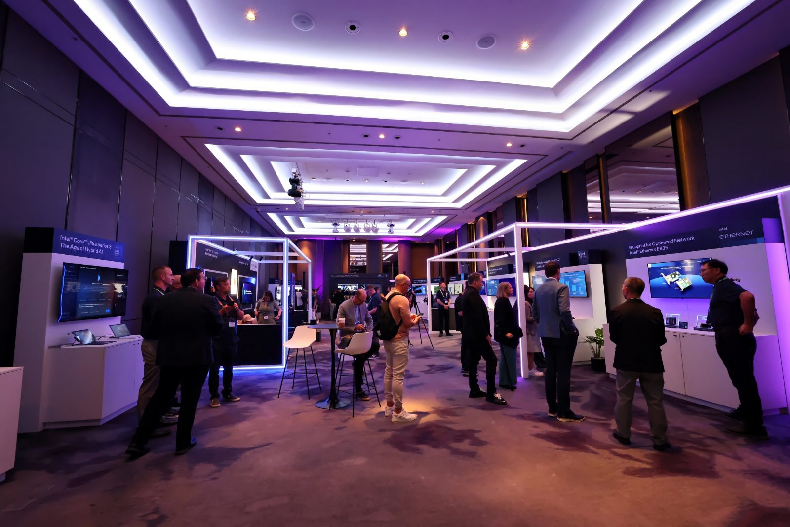 The Orchid ballroom demo showcase at Intel House, Computex, with LED-framed stations